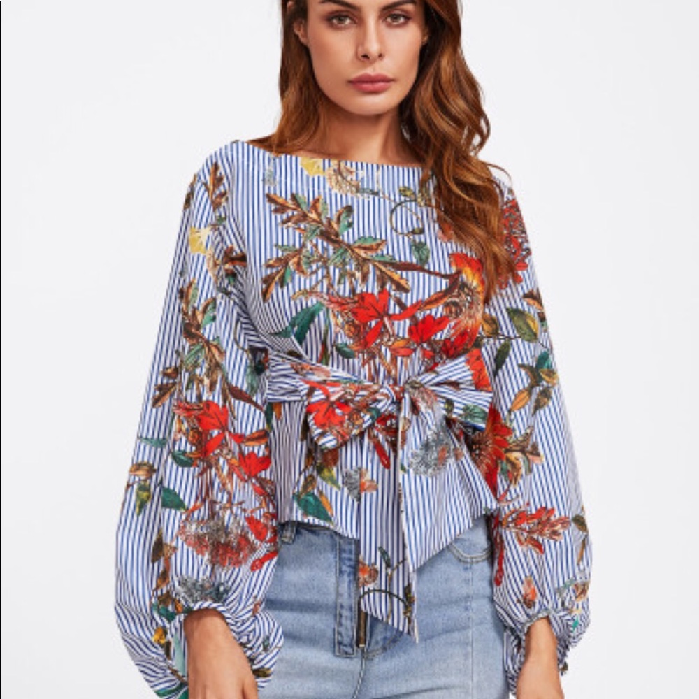 Lantern Sleeve Belted Mixed Print Blouse